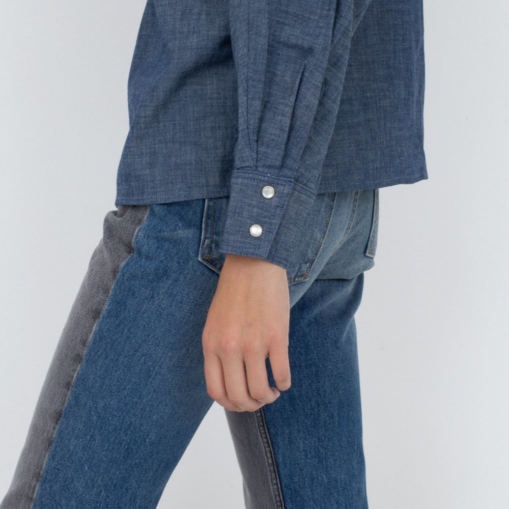 B sides arts high rise straight 100% cotton “halfsie” patchwork jeans size 28